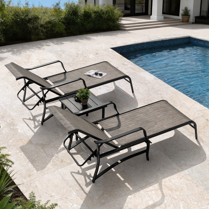 3-Piece Patio Chaise Lounge Set, Textilene Patio Chaise Lounges, Side Table