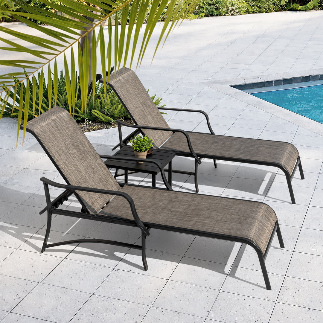 3-Piece Patio Chaise Lounge Set, Textilene Patio Chaise Lounges, Side Table