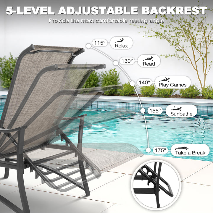 3-Piece Patio Chaise Lounge Set, Textilene Patio Chaise Lounges, Side Table