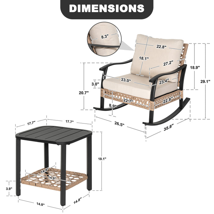 3PCS Patio Rattan Conversation Set with 2-Tier Side Table, Rocking Chairs