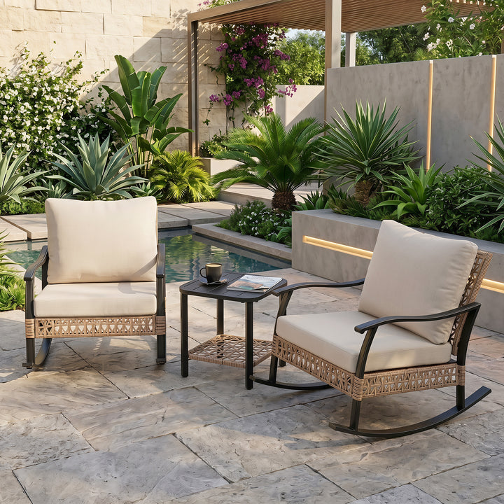 3PCS Patio Rattan Conversation Set with 2-Tier Side Table, Rocking Chairs