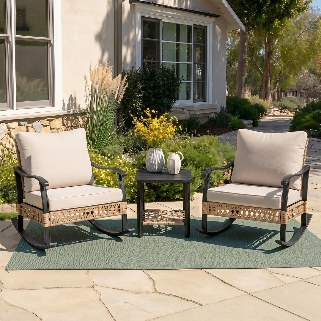 3PCS Patio Rattan Conversation Set with 2-Tier Side Table, Rocking Chairs