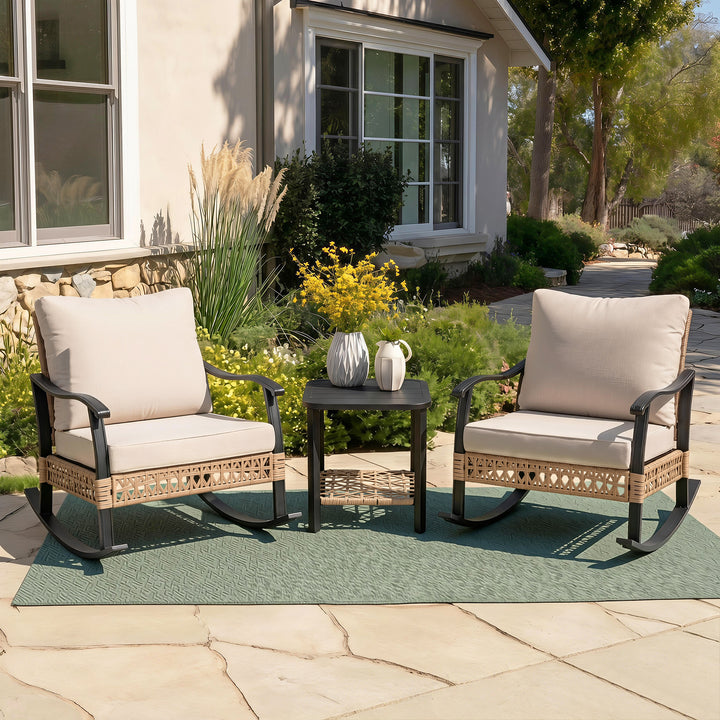 3PCS Patio Rattan Conversation Set with 2-Tier Side Table, Rocking Chairs