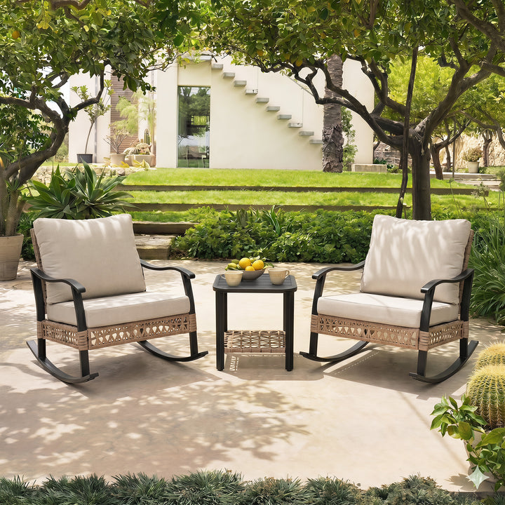 3PCS Patio Rattan Conversation Set with 2-Tier Side Table, Rocking Chairs