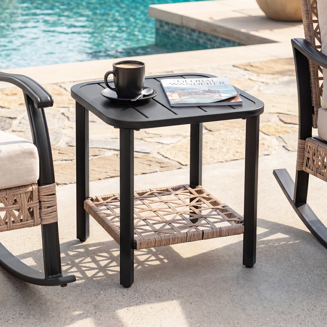 3PCS Patio Rattan Conversation Set with 2-Tier Side Table, Rocking Chairs