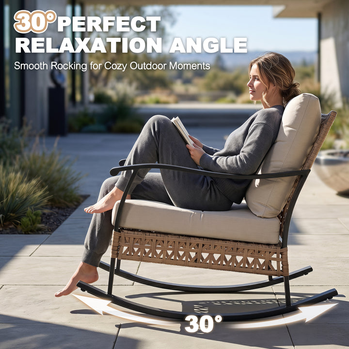 3PCS Patio Rattan Conversation Set with 2-Tier Side Table, Rocking Chairs
