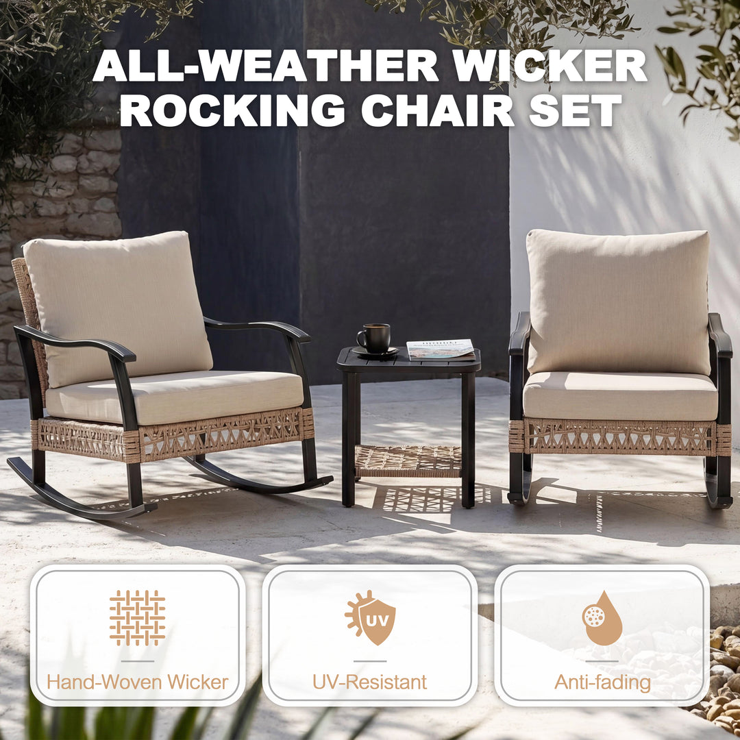 3PCS Patio Rattan Conversation Set with 2-Tier Side Table, Rocking Chairs