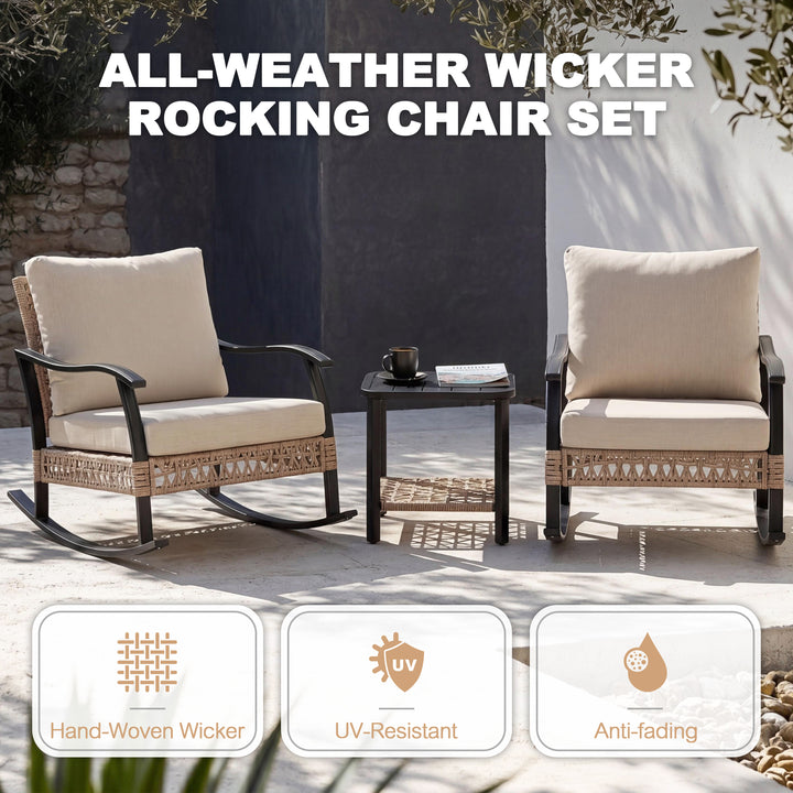 3PCS Patio Rattan Conversation Set with 2-Tier Side Table, Rocking Chairs