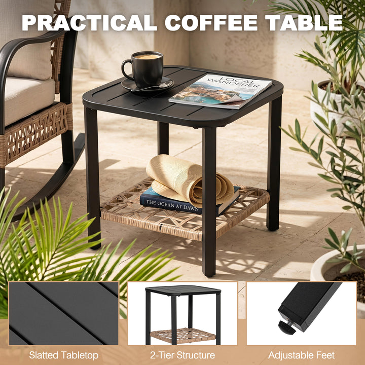 3PCS Patio Rattan Conversation Set with 2-Tier Side Table, Rocking Chairs