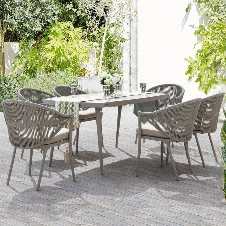 Patio 7-Piece Dining Set with Cushions and Pillows, Umbrella Hole, Beige