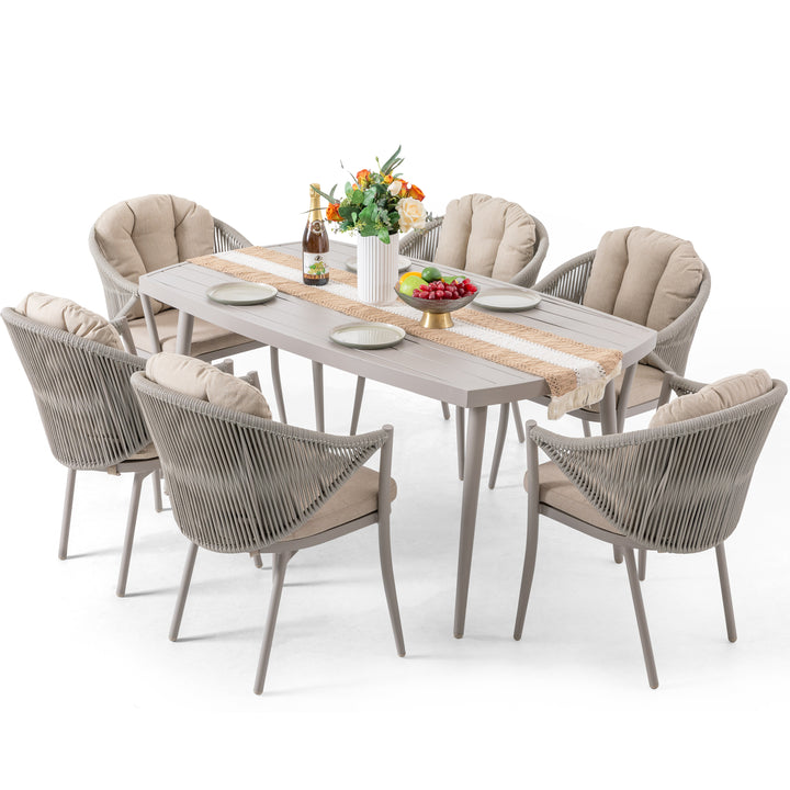 Patio 7-Piece Dining Set with Cushions and Pillows, Umbrella Hole, Beige