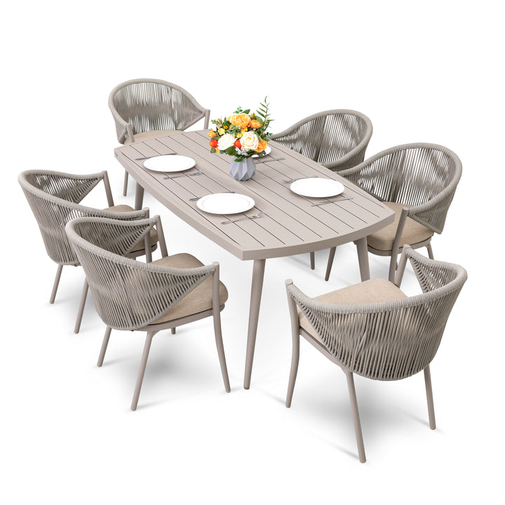 Patio 7-Piece Dining Set with Cushions and Pillows, Umbrella Hole, Beige