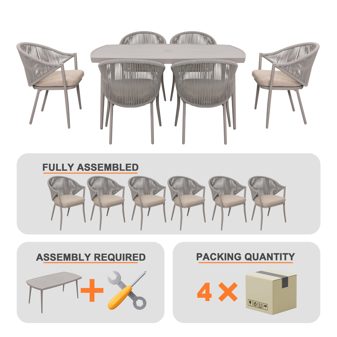 Patio 7-Piece Dining Set with Cushions and Pillows, Umbrella Hole, Beige