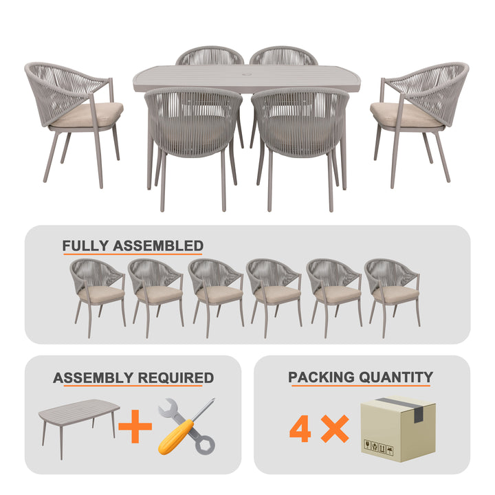 Patio 7-Piece Dining Set with Cushions and Pillows, Umbrella Hole, Beige