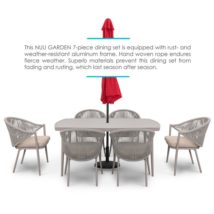 Patio 7-Piece Dining Set with Cushions and Pillows, Umbrella Hole, Beige