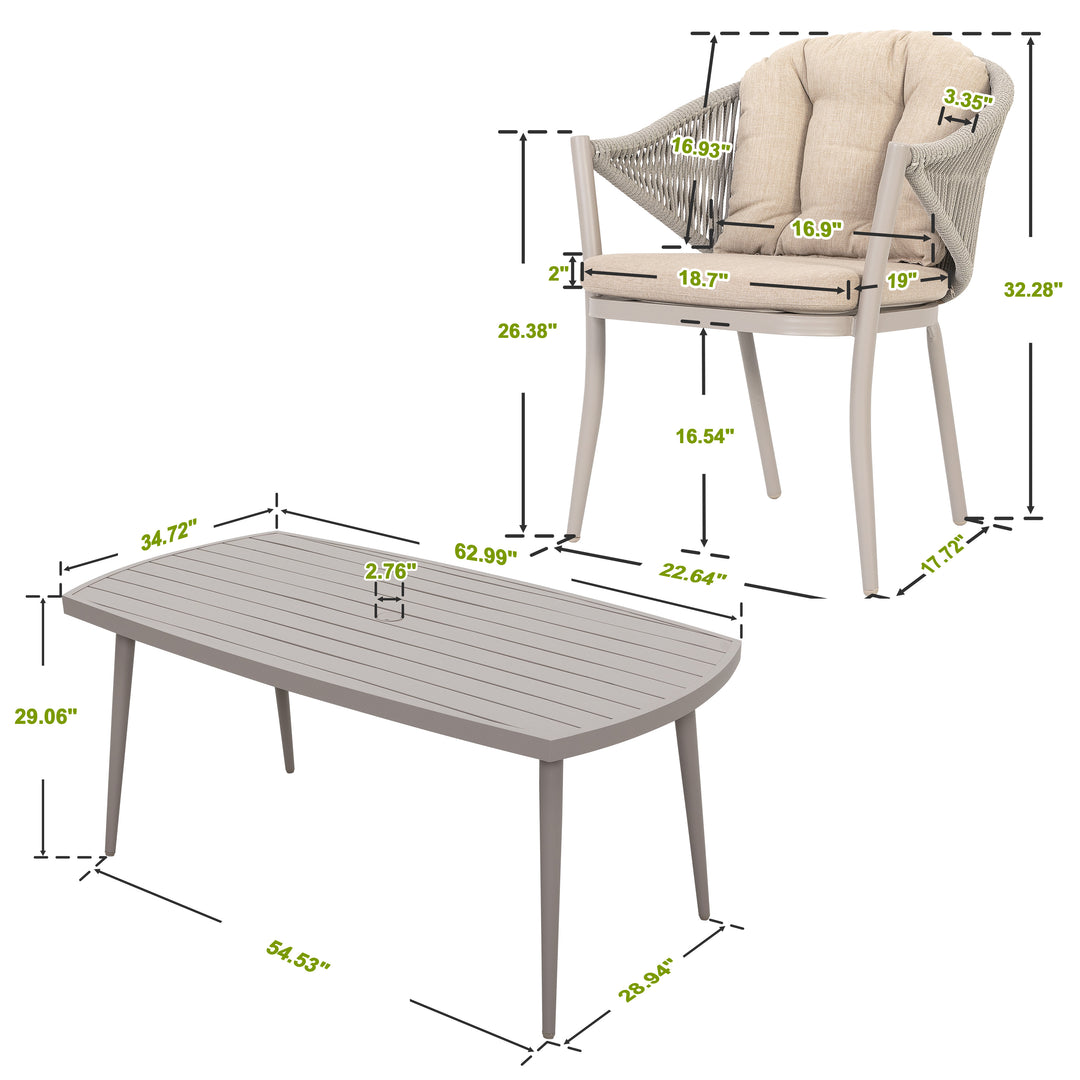 Patio 7-Piece Dining Set with Cushions and Pillows, Umbrella Hole, Beige