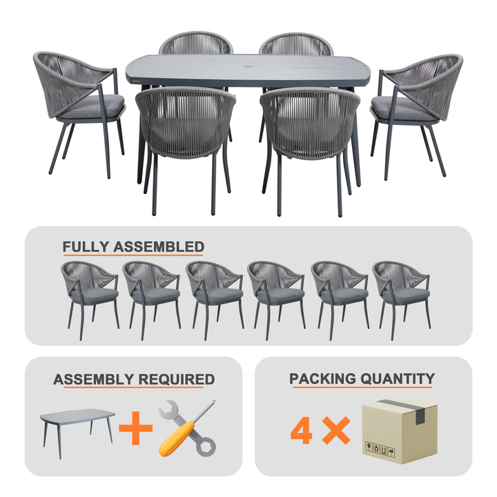 Patio 7-Piece Dining Set with Cushions and Pillows, Umbrella Hole, Gray