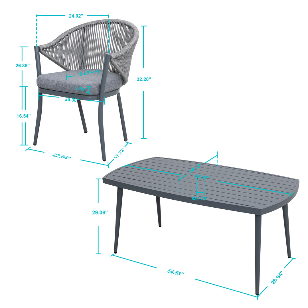 Patio 7-Piece Dining Set with Cushions and Pillows, Umbrella Hole, Gray