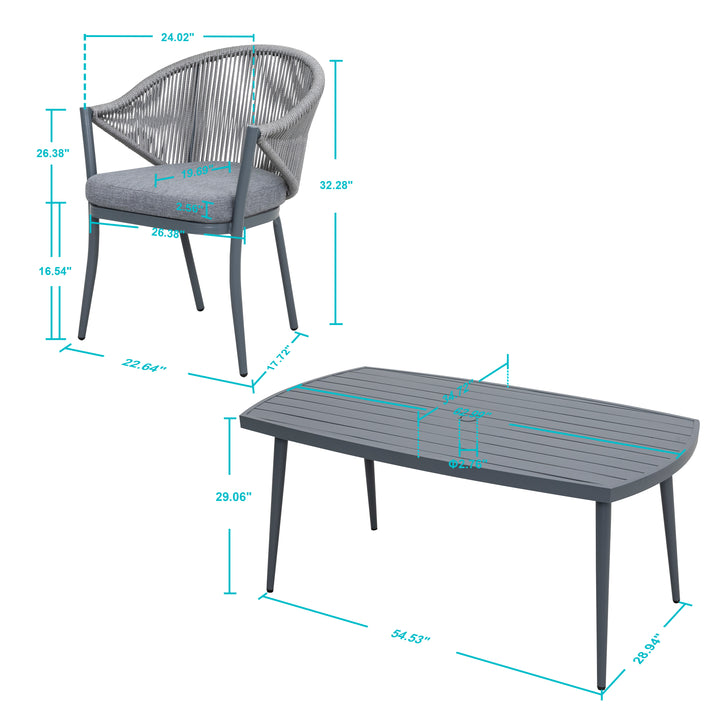 Patio 7-Piece Dining Set with Cushions and Pillows, Umbrella Hole, Gray
