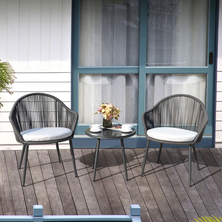Patio 3-Piece Woven Rope Bistro Set with Light Gray Cushions, Gray