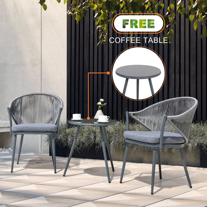 3-Piece Aluminum Outdoor Bistro Set, 1 Coffee Table and 2 Woven Rope Chairs with Seat Cushions, Dark Gray Color