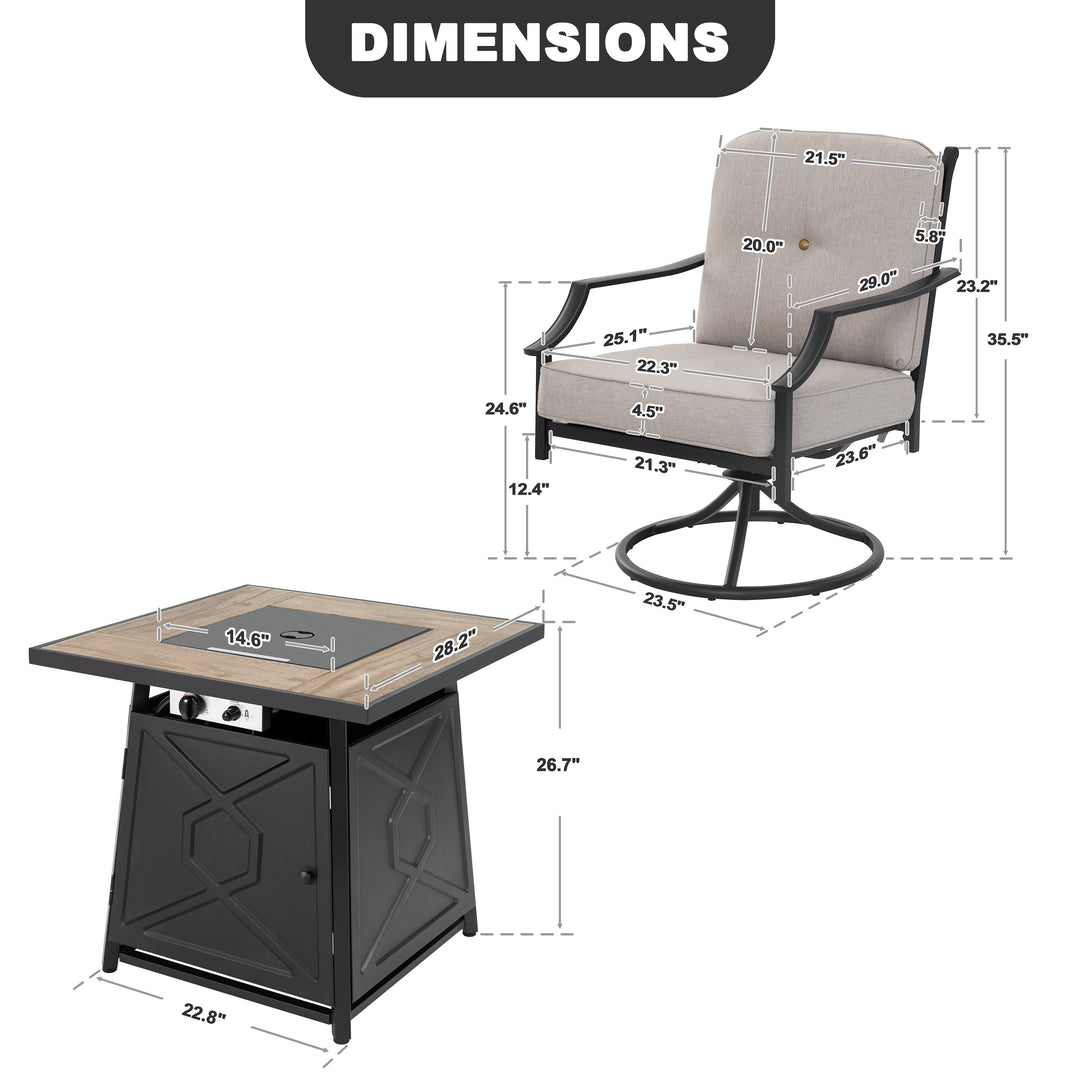 3-Piece Outdoor Fire Pit Set with 2 Swivel Sofas, ETL Certified