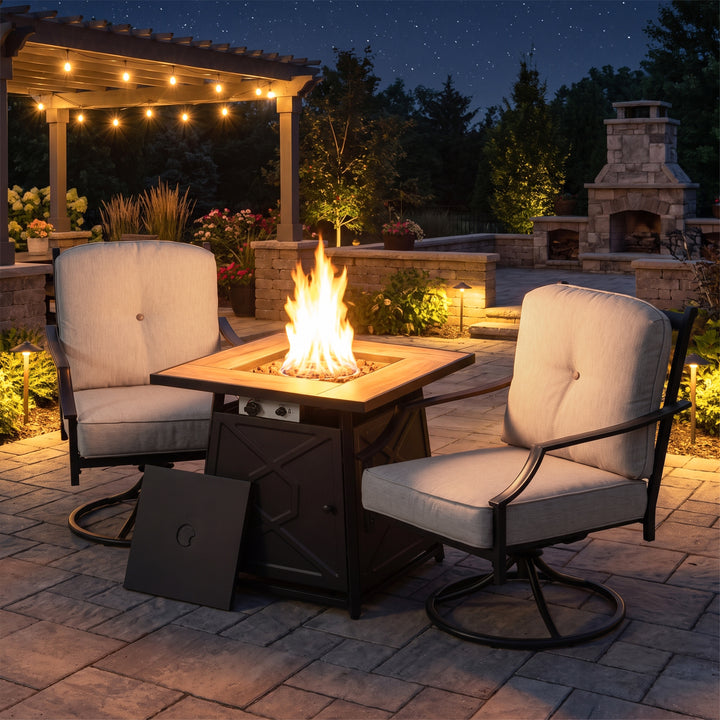 3-Piece Outdoor Fire Pit Set with 2 Swivel Sofas, ETL Certified