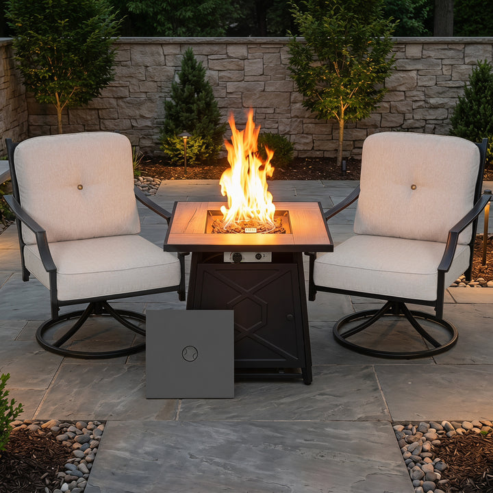 3-Piece Outdoor Fire Pit Set with 2 Swivel Sofas, ETL Certified