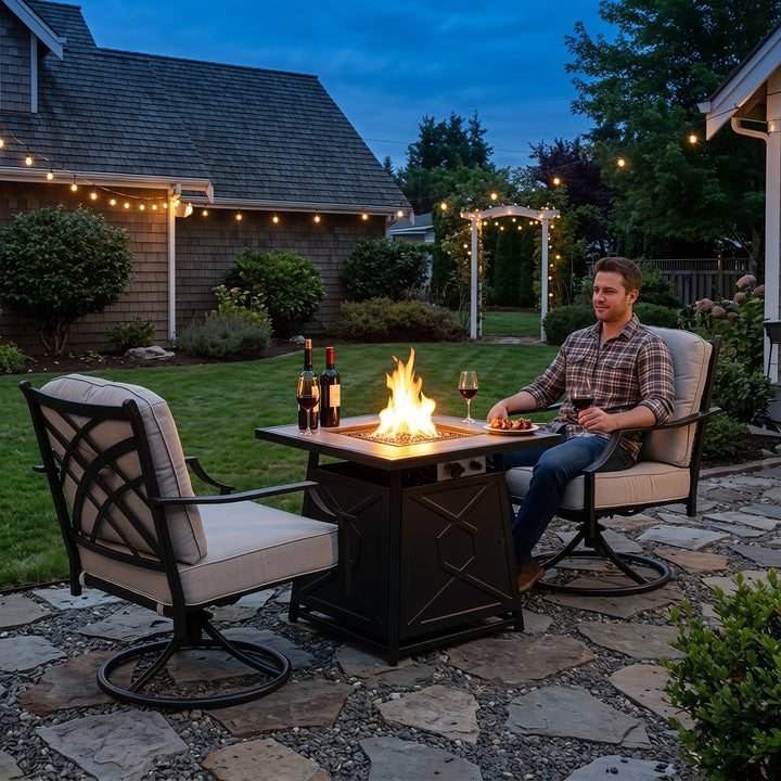3-Piece Outdoor Fire Pit Set with 2 Swivel Sofas, ETL Certified