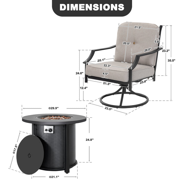 3-Piece Outdoor Fire Pit Set with 2 Swivel Sofas, CSA Certified