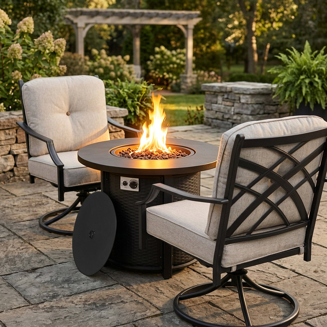 3-Piece Outdoor Fire Pit Set with 2 Swivel Sofas, CSA Certified