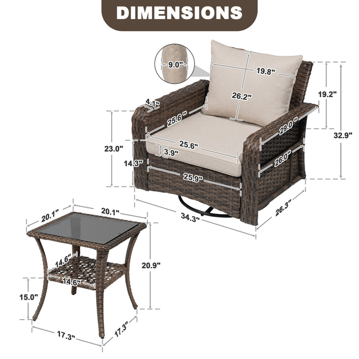 3-Piece Patio Wicker Conversation Set with Swivel Chairs, Zippered Cushions