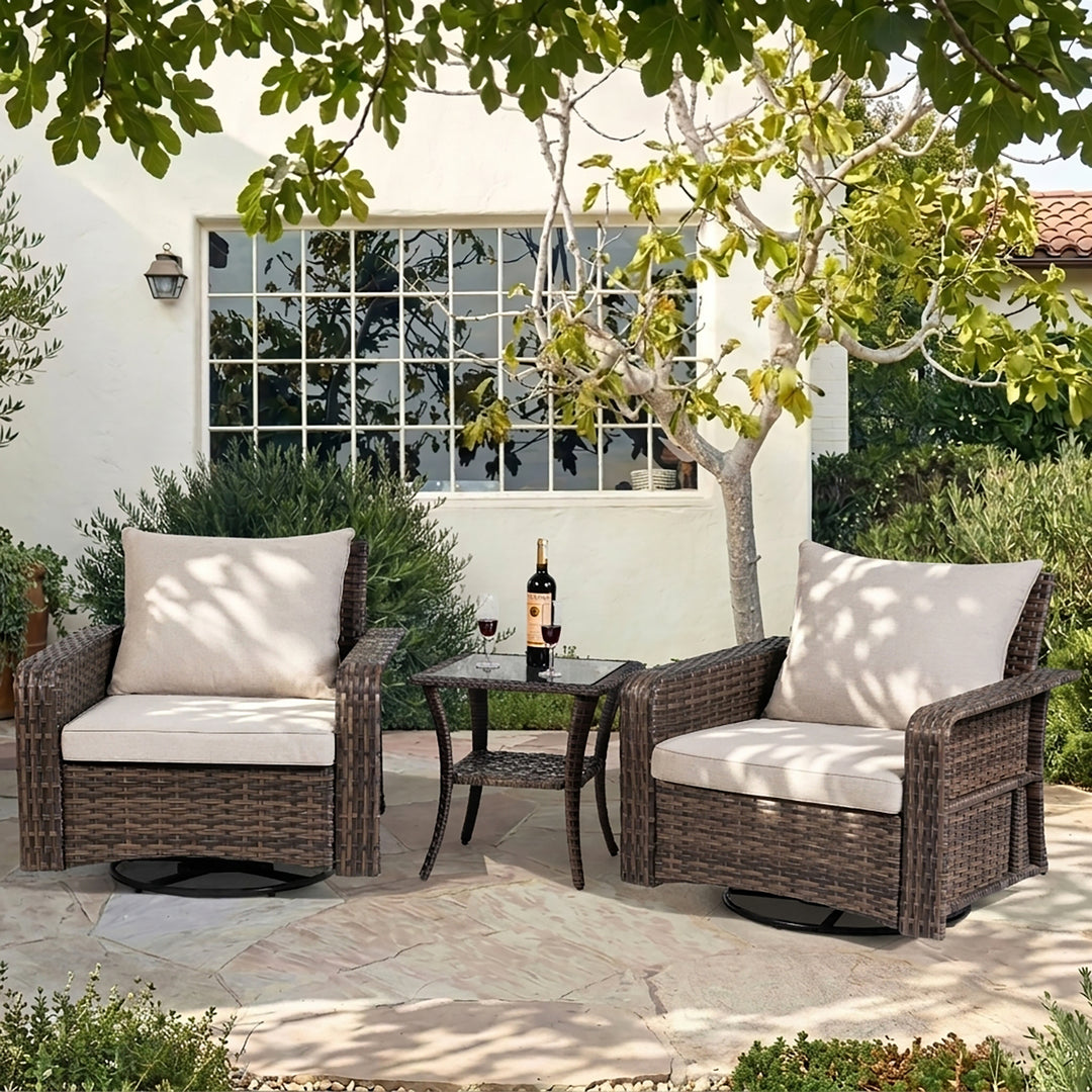 3-Piece Patio Wicker Conversation Set with Swivel Chairs, Zippered Cushions