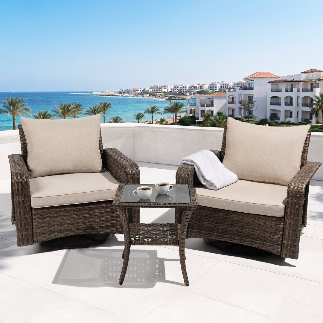 3-Piece Patio Wicker Conversation Set with Swivel Chairs, Zippered Cushions