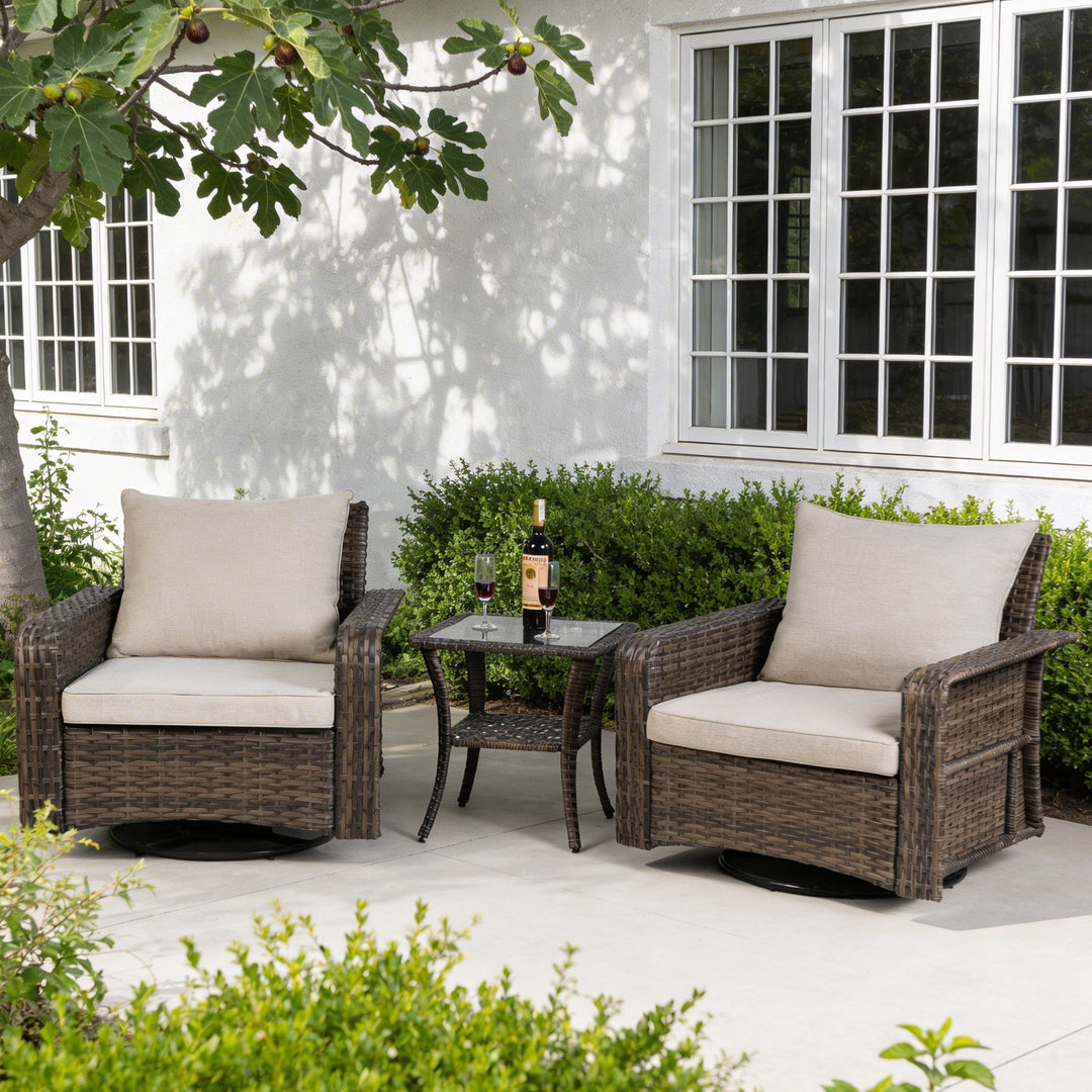 3-Piece Patio Wicker Conversation Set with Swivel Chairs, Zippered Cushions