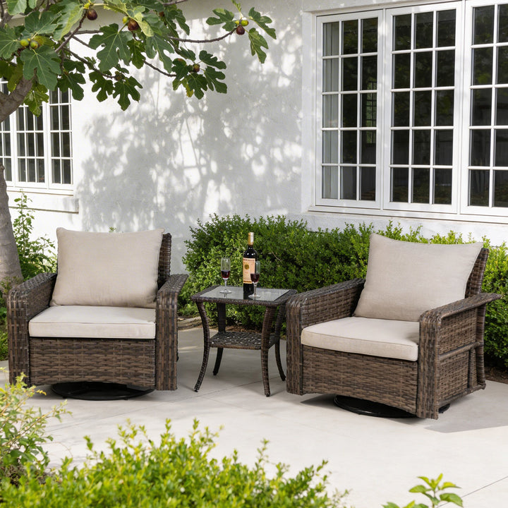 3-Piece Patio Wicker Conversation Set with Swivel Chairs, Zippered Cushions