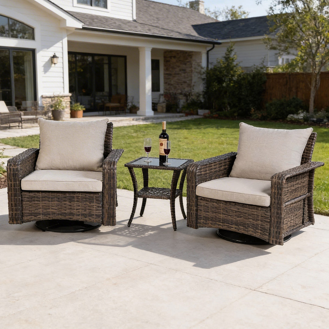 3-Piece Patio Wicker Conversation Set with Swivel Chairs, Zippered Cushions