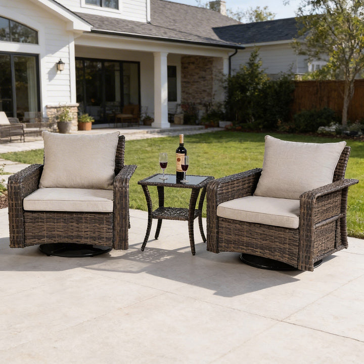 3-Piece Patio Wicker Conversation Set with Swivel Chairs, Zippered Cushions