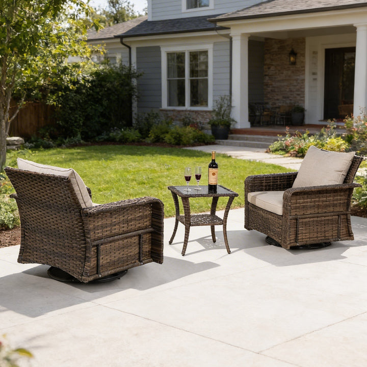 3-Piece Patio Wicker Conversation Set with Swivel Chairs, Zippered Cushions