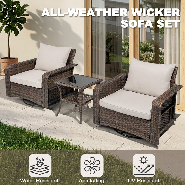 3-Piece Patio Wicker Conversation Set with Swivel Chairs, Zippered Cushions