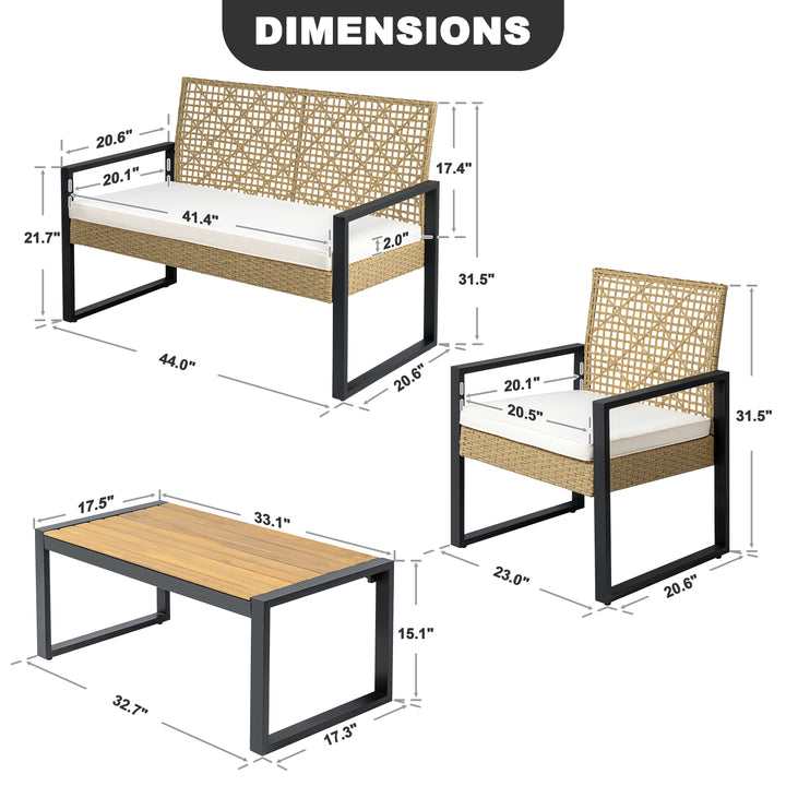4-Piece Rattan Metal Patio Conversation Set with Cushions, Acacia Wood Top