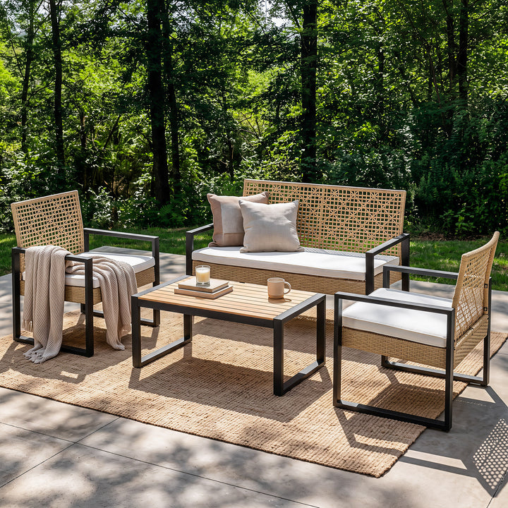 4-Piece Rattan Metal Patio Conversation Set with Cushions, Acacia Wood Top