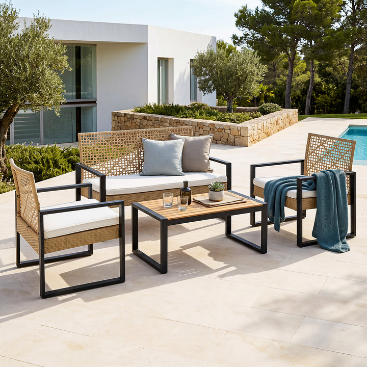 4-Piece Rattan Metal Patio Conversation Set with Cushions, Acacia Wood Top