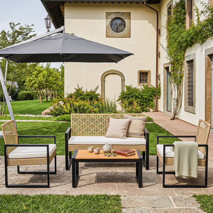4-Piece Rattan Metal Patio Conversation Set with Cushions, Acacia Wood Top