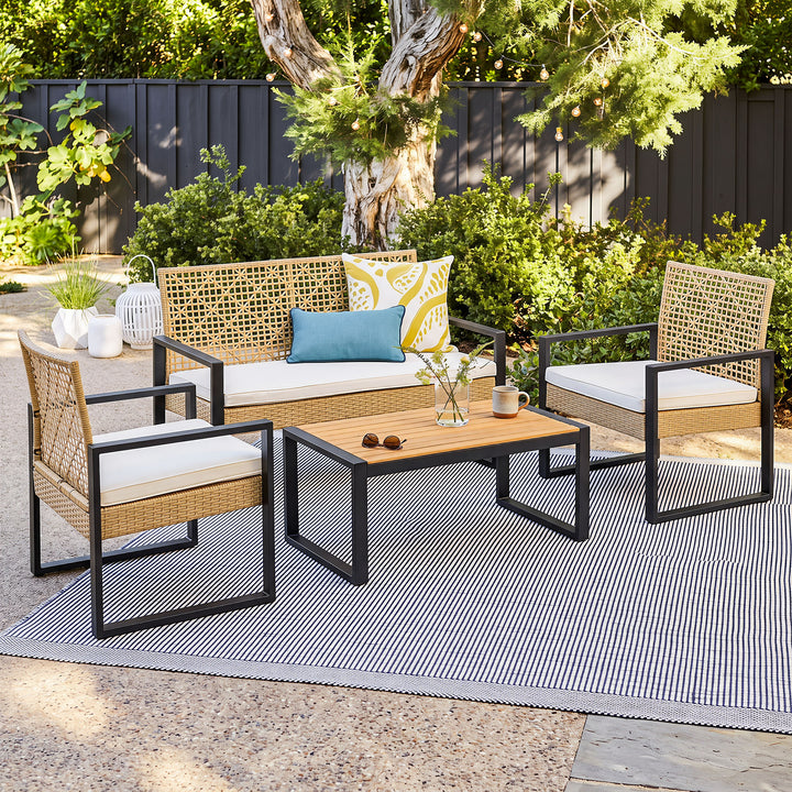 4-Piece Rattan Metal Patio Conversation Set with Cushions, Acacia Wood Top