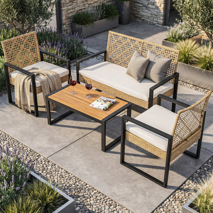 4-Piece Rattan Metal Patio Conversation Set with Cushions, Acacia Wood Top