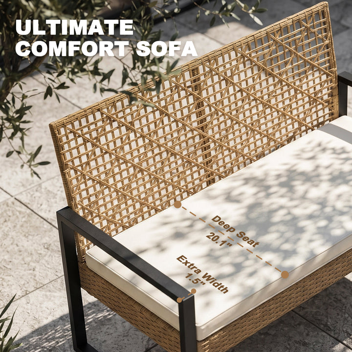 4-Piece Rattan Metal Patio Conversation Set with Cushions, Acacia Wood Top