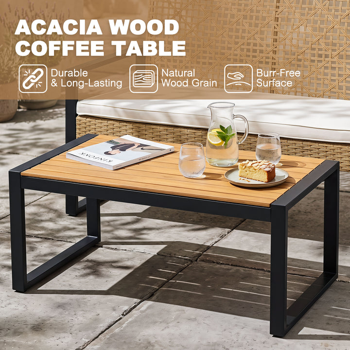 4-Piece Rattan Metal Patio Conversation Set with Cushions, Acacia Wood Top