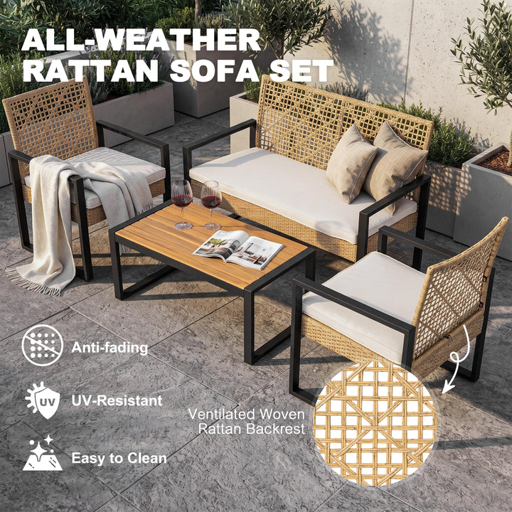 4-Piece Rattan Metal Patio Conversation Set with Cushions, Acacia Wood Top