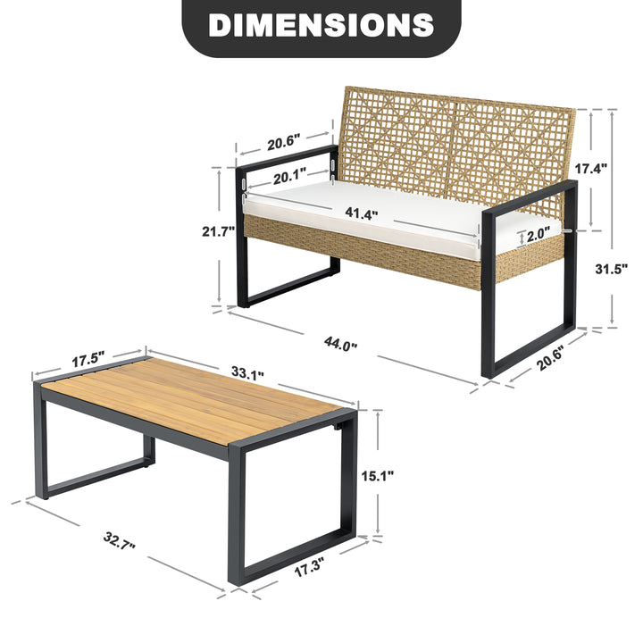 Outdoor Rattan Loveseat Sofa with Coffee Table, Acacia Wood Top